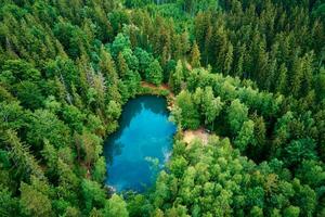 Aerial view of blue colored forest lake in Poland photo