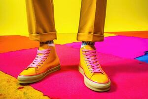 Stylish sneakers on colorful background. Fashion style. photo