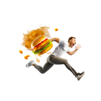 hombre corriendo con hamburguesa comida png generativo ai