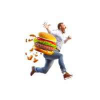 uma homem corrida com hamburguer png generativo ai