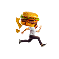 hombre corriendo con hamburguesa comida png generativo ai