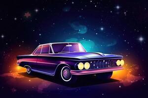 Futuristic retro car in space galaxy background. photo