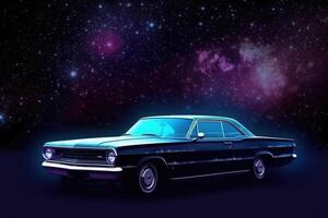 Futuristic retro car in space galaxy background. photo