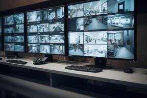 Workplace with surveillance camera monitors. Security office. photo