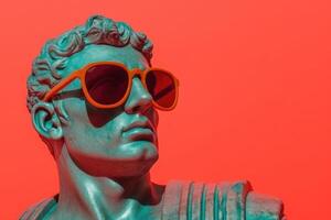 Gypsum statue in sunglasses on colored abstract background. photo