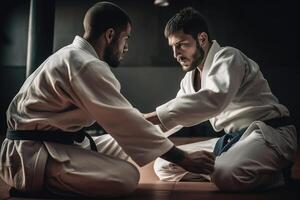 Two brazilian jiu jitsu fighters training on tatami. photo