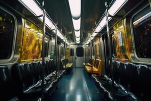 Interior of empty subway train wagon. Public transport. photo