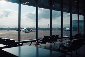aeropuerto terminal interior con avión en el ventana. generativo ai foto