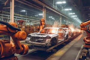 Car factory with robotic arms at assembly line. photo