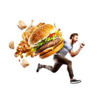 en man löpning med burger png generativ ai