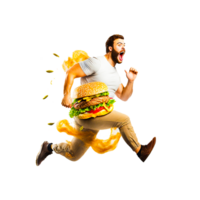 un hombre corriendo con hamburguesa png generativo ai