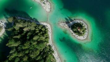 Aerial View of the Schonbichl Island at Eibsee Lake video