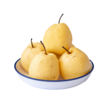 Fresh yellow Chinese pears in stack in bowl isolated with clipping path in png file format.