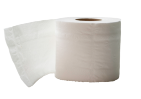 Single roll of white tissue paper or napkin prepared for use in toilet or restroom isolated with clipping path in png file format.