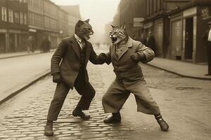 gato luchador vistiendo un lucha disfraz luchando en el calle 1920 estilo ilustración generativo ai foto