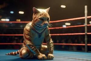 Cat wrestler wearing a wrestling costume on the ring illustration photo