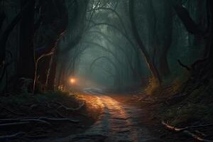 Mystical forest landscape with trees. photo