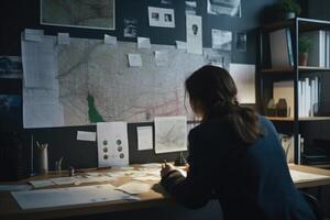 Detective analyzing information of crime on evidence board. photo