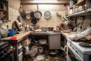 Very messy kitchen interior. Unwashed dishes. photo