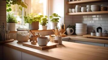 Kitchen wooden table top with breakfast at morning time. photo