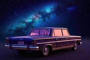 Futuristic retro car in space galaxy background. photo