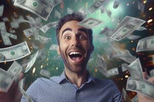 Happy man with a lot of falling dollar banknotes. photo