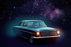 Futuristic retro car in space galaxy background. photo