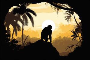 Silhouette of monkey at sunset. Animal in wild nature. photo