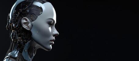 Female robot face on dark background. Artificial intelligence. photo