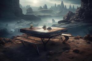 coffee table on alien planet illustration generative ai photo