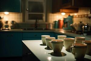 coffe cups and sugar in a retro 1950s style kitchen illustration photo