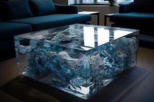 design table with block of ice and resin illustration photo