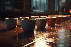 coffe cups and sugar melting in a pouring rain illustration photo