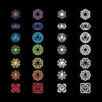 Chakra symbols set on dark background. Different styles, modern simple geometric icons and traditional sanskrit signs. Vector illustration