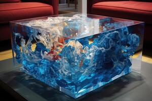 design table with block of ice and resin illustration photo
