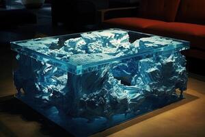 design table with block of ice and resin illustration photo