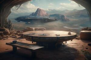 coffee table on alien planet illustration photo