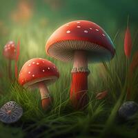 realista rojo hongos en el jardín creado con generativo ai tecnología foto