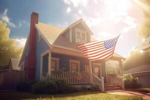 USA flag on corner of living house. Symbol of patriotism. photo