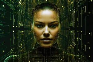 Female face against binary code. Artificial intelligence concept. photo