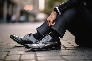 Businessman sitting on sidewalk at city street. photo