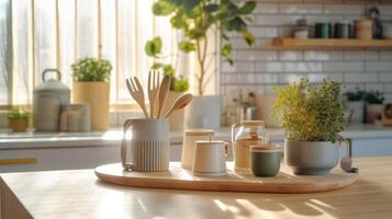 Kitchen wooden table top with breakfast at morning time. photo