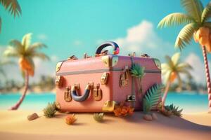 Suitcase on sea beach. Summer vacation concept. photo