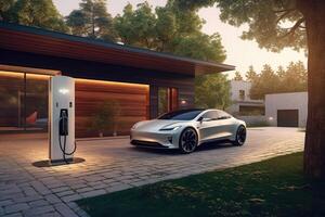 eléctrico coche a cargando estación cerca lujo casa. generativo ai foto