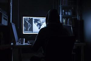 Back view of man in hoodie using computer in dark room. photo