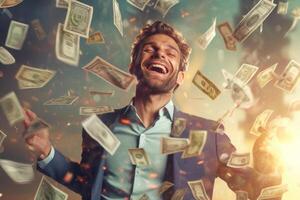 Happy man with a lot of falling dollar banknotes. photo