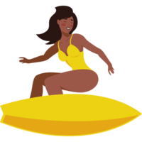 afro woman surfing in surfboard character png