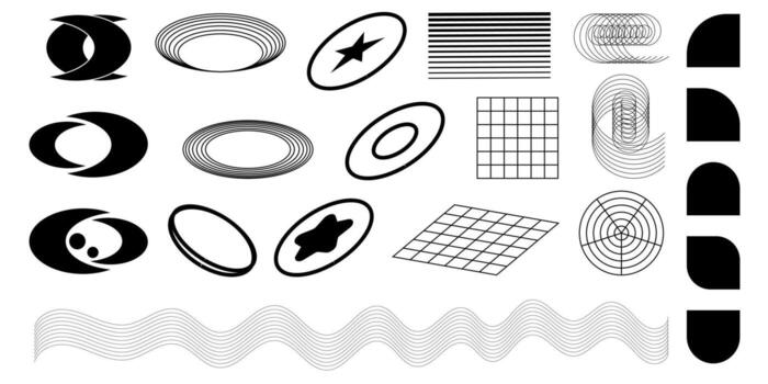 A set of retro Y2K elements and abstract forms of brutalism. Hipster graphics for logo, icons, web design. Modern vector illustration isolated on white background