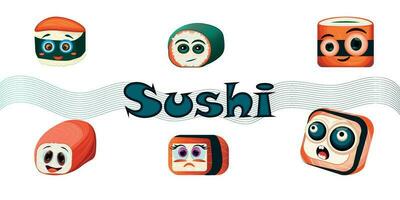 gracioso Sushi caracteres. gracioso Sushi con linda caras. Sushi rodar y sashimi colocar. Sushi con diferente emociones Sushi rodar es un divertido colocar. asiático alimento, vector ilustración aislado en blanco antecedentes