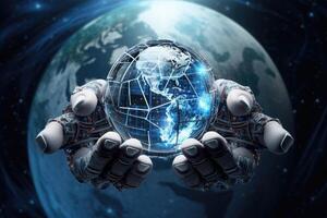 Robot hand holds planet globe. photo